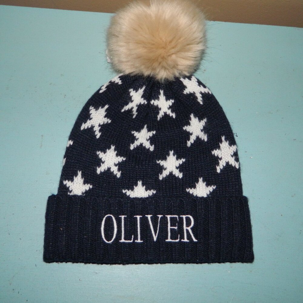 Mark & Graham Kids Faux Fur Navy Stars Pom Pom Hat "Oliver" (X-37)